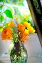 Retro summer still life . Globeflower in glass vase. Yellow flowers Trollius. Kinfolk style