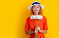 retro summer woman with flowers on background, advertisement