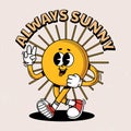 Retro sun character. Comic positive groovy sunny mascot. Funny print with walking yellow sun and lettering for poster