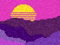 Retro sun and mountain landscape in pixel art style. 8-bit sun synthwave and retrowave style. Design for printing, wrapping paper