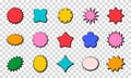 Retro sun starburst promo badge shapes set. Colorful price offer stars decorative sun explosion elements collection