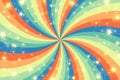 Retro Sunburst Background With Stars And Glitter. Vintage Swirl Striped Pattern. Twisted Rays In 60-70s Design. Vector