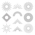 Retro sunburst rays. Radiant sunset or sunrise burst light lines. Abstract hand drawn sunsets vector symbols set Royalty Free Stock Photo