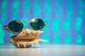Retro sunglasses with shell and blurry shiny colored background