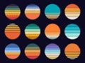 Retro sunset, abstract 80s style grunge striped sunsets. Vintage colorful striped circles for logo or print design elements vector Royalty Free Stock Photo