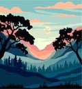 Retro sunset in a forest with trees. linear vector illustration colored Royalty Free Stock Photo