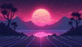 Retro Sunset Landscape with Palm Trees and Synthwave Grid
