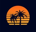 Retro sunset orange. Evening rays setting sun two palm trees against synthwave background.