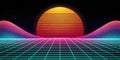 Retro sunset over gridded landscape with wavy horizons. Generative AI Royalty Free Stock Photo