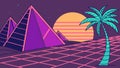 Retro sunset with pyramid and palms, 80s style, synthwave scene vector design Generative AI