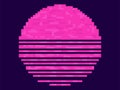 Retro sunset 80s in pixel art style. 8 bit pink sun synthwave and retrowave style. Design for printing, wrapping paper