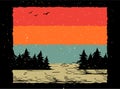 Retro Sunset . 70s Style Grunge Striped Sunset Forest Landscape Retro Background