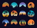 Retro Sunset, 80s Style Grunge Striped Sunsets. Abstract Vintage Sunrise Logo With Summer Beach, Mountains, Forest