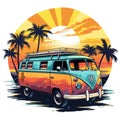 Retro surf van carrying surfboards at the beach palm trees sunset Generative AI