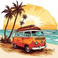 Retro surf van carrying surfboards at the beach palm trees sunset Generative AI Royalty Free Stock Photo