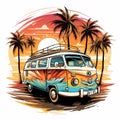 Retro surf van carrying surfboards at the beach palm trees sunset Generative AI Royalty Free Stock Photo