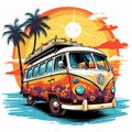 Retro surf van carrying surfboards at the beach palm trees sunset Generative AI