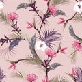 Retro sweet tropical jungles  with exotic flower ,hibiscus floral seamless pattern vector EPS10,Design for fashion. fabric, web, Royalty Free Stock Photo