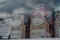 Retro sweets in jars on display in shop window in Cotswolds, UK