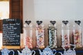 Retro sweets in jars on sale in Blue Vintage Tea Rooms, Lavenham, UK