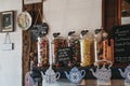 Retro sweets in jars on sale in Blue Vintage Tea Rooms, Lavenham, UK