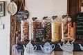 Retro sweets in jars on sale in Blue Vintage Tea Rooms, Lavenham, UK