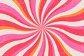 Retro swirl pattern. Vector groovy textured background. Spiral sunburst radial backdrop. Vintage psychedelic wavy pink