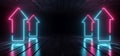 Retro Synth Laser Neon Tunnel Modern Sci Fi Futuristic Pointing Arrow Rectangle Purple Blue Glowing Lights Metallic Texture