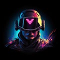 A retro synth style portrait logo of a gamer wearing a virtual reality VR augmented reality headset