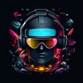 A retro synth style portrait logo of a gamer wearing a virtual reality VR augmented reality headset