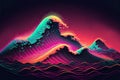 Retro synthwave background in neon colors. Beautiful sea waves in 80s style on sunset background. Generative AI