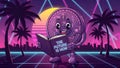 Retro Synthwave Bitcoin Character Reading About the Future Royalty Free Stock Photo