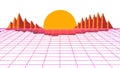 Retro Synthwave Sunset Landscape Vector with Palm Trees and Grid, vector design Generative AI Royalty Free Stock Photo