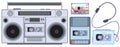 Retro tape player. Vintage cassette music players, old sound recorder and audio cassettes vector illustration set