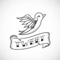 Retro Tattoo Dot Work Style Abstract Vector Bird Icon with Tweet Banner.