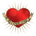 Retro tattoo heart with gold ribbons. Happy Valentine`s Day card