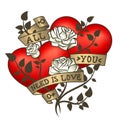 Retro tattoo hearts with gold ribbons.Happy Valentine`s Day card Royalty Free Stock Photo