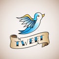 Retro Tattoo Style Abstract Vector Bird Icon with Tweet Banner.