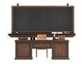 Retro teacher desk with blackboard on white