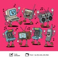 Retro Tech Party Fun, Dancing retro stickers electronics bring a blast from the past to life Royalty Free Stock Photo