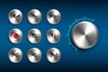 Retro technic interface. Vector set of metal buttons isolated on blue background. Royalty Free Stock Photo