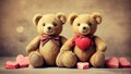 Retro Teddy Bear toys pair with handmade Valentines day love hearts