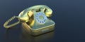 Retro telephone, golden old phone on black background, copy space. 3d illustration