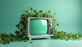 Retro television set is covered by green plants and vines. The old electronic device sits on a flat teal surface with a plain Royalty Free Stock Photo