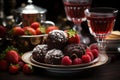 Retro theme with strawberries dipped in antique silver and crystal bowls, valentine, dating and love proposal image