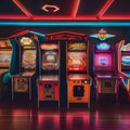 A retro-themed arcade with classic pinball machines, arcade cabinets, and neon lights3 Royalty Free Stock Photo