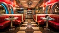 A retro-themed diner with red leather booths and a jukebox