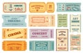 Retro tickets to cinema, vintage movie, concert or theater ticket. Old paper admission coupon, invitation card for event Royalty Free Stock Photo