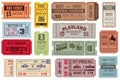 Retro tickets. Vintage cinema ticket concert and festival event, movie theater coupon. Circus show, raffle paper voucher