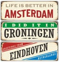 Retro tin sign collection with Netherlands city names Royalty Free Stock Photo